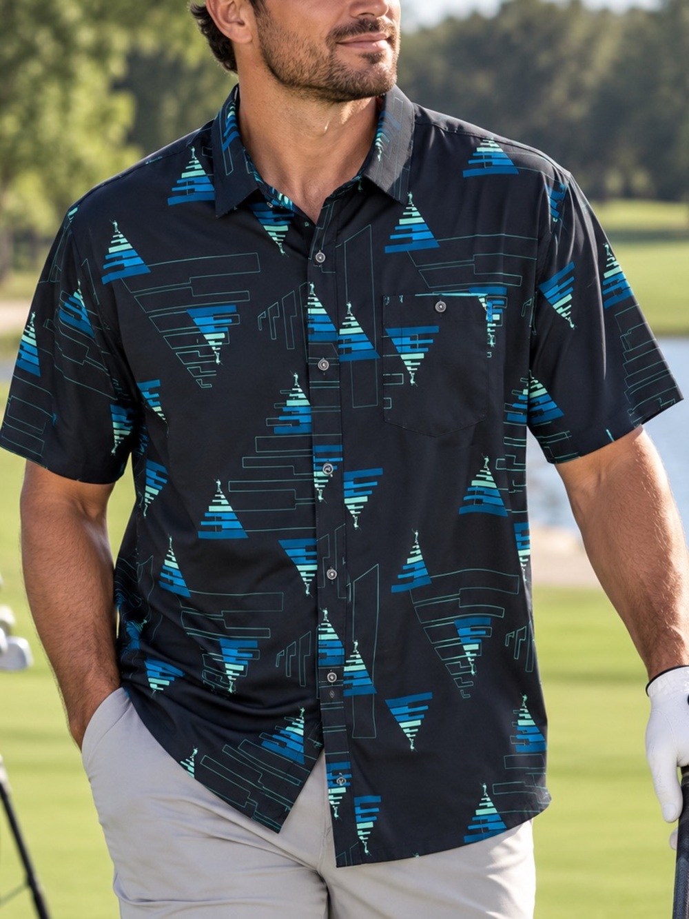 William Murray Golf Men’s XXL Black Blue Abstract Print Performance Button Down